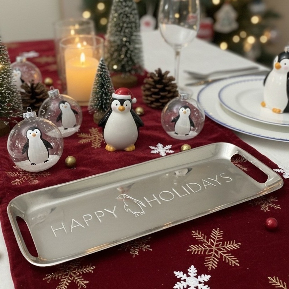 Place & Time Silver-Plated "Happy Holidays" Tray, Penguin Themed Serving Plater